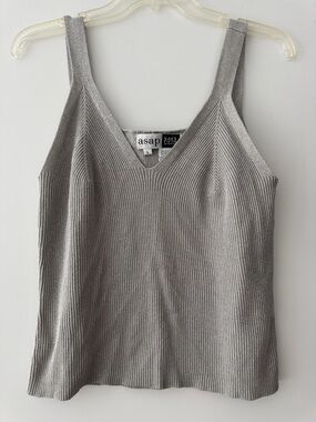 Vintage Metallic Ribbed V-Neck Tank Top - Silver
